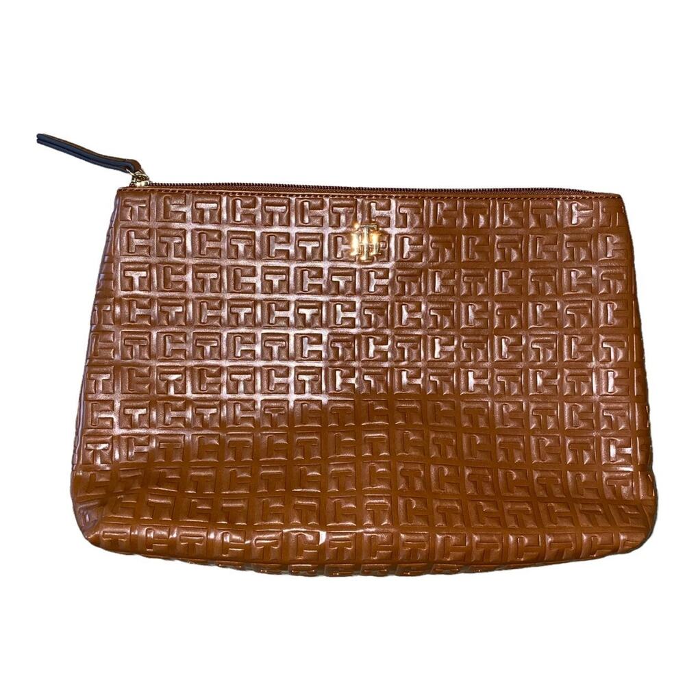 Tommy Hilfiger Faux Leather TH Embossed Brown Gold Accent Zipped Pouch Bag 13"x8